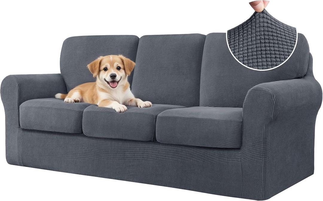CHUN YI 7 Piece Couch Covers Sofa Covers Washable, Stretch Sofa Slipcovers for 3 Cushion Couch with Seperate Backrest and Cushion Covers, Anti Slip Furniture Protector for Dogs Pets (Large, Grey)