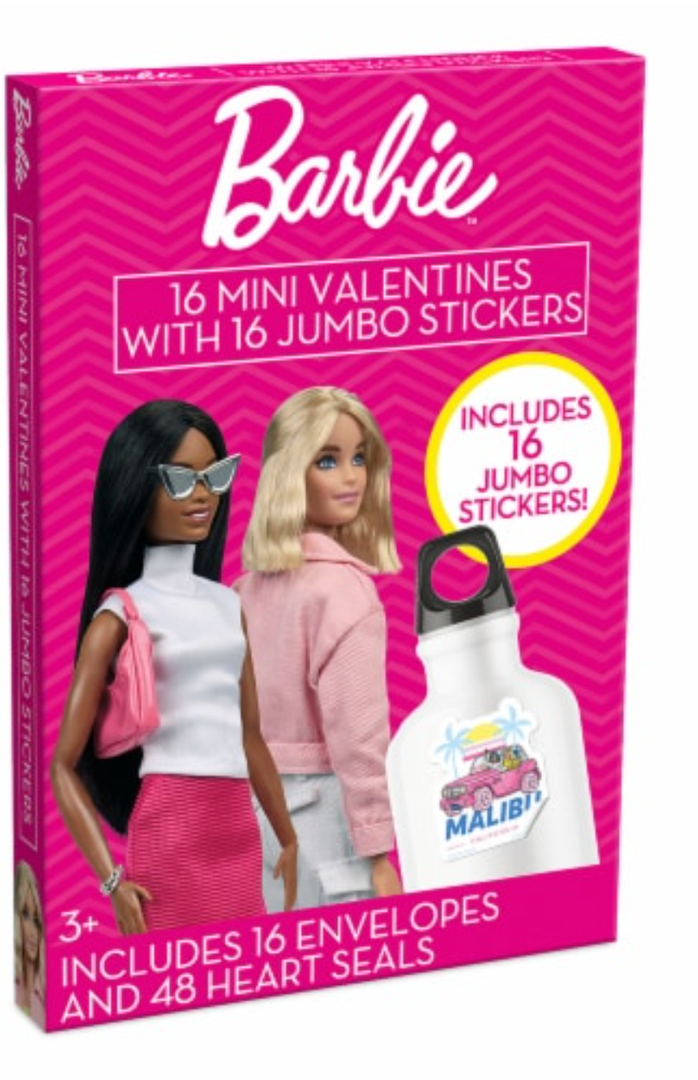 Barbie 16 Mini Valentines with 16 Jumbo Stickers. Pack of 3