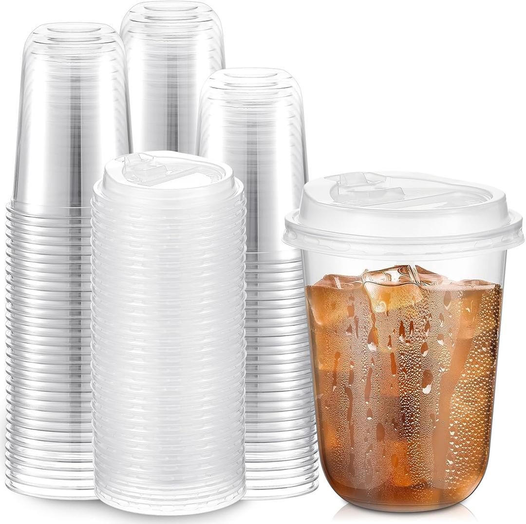 Baderke 100 Sets 16oz Disposable Crystal Clear Plastic Cups With Lids, Round Bottom Iced Coffee Cups With Lid for Smoothie, Cold Beverages, Drinking Tumblers, Cold Drinks for Party, Wedding, Event