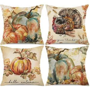 Fall Pumpkin Pillow Covers 20x20 Inch Set of 4 Watercolor Pumpkin Turkey Autumn Harvest Decorative Throw Pillow Cases Autumn Thanksgiving Quotes Holiday Outdoor Cushion Covers for Sofa