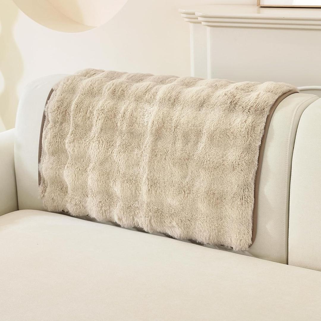 OstepDecor Faux Fur Couch Arm Covers, Fuzzy Soft Bubble Arm Chair Covers, Headrest Backrest Armrest Covers for Dogs Cats Pet Loveseat Recliner Leather L Shaped Sofa (2 Pack 35.4" x 35.4", Khaki)