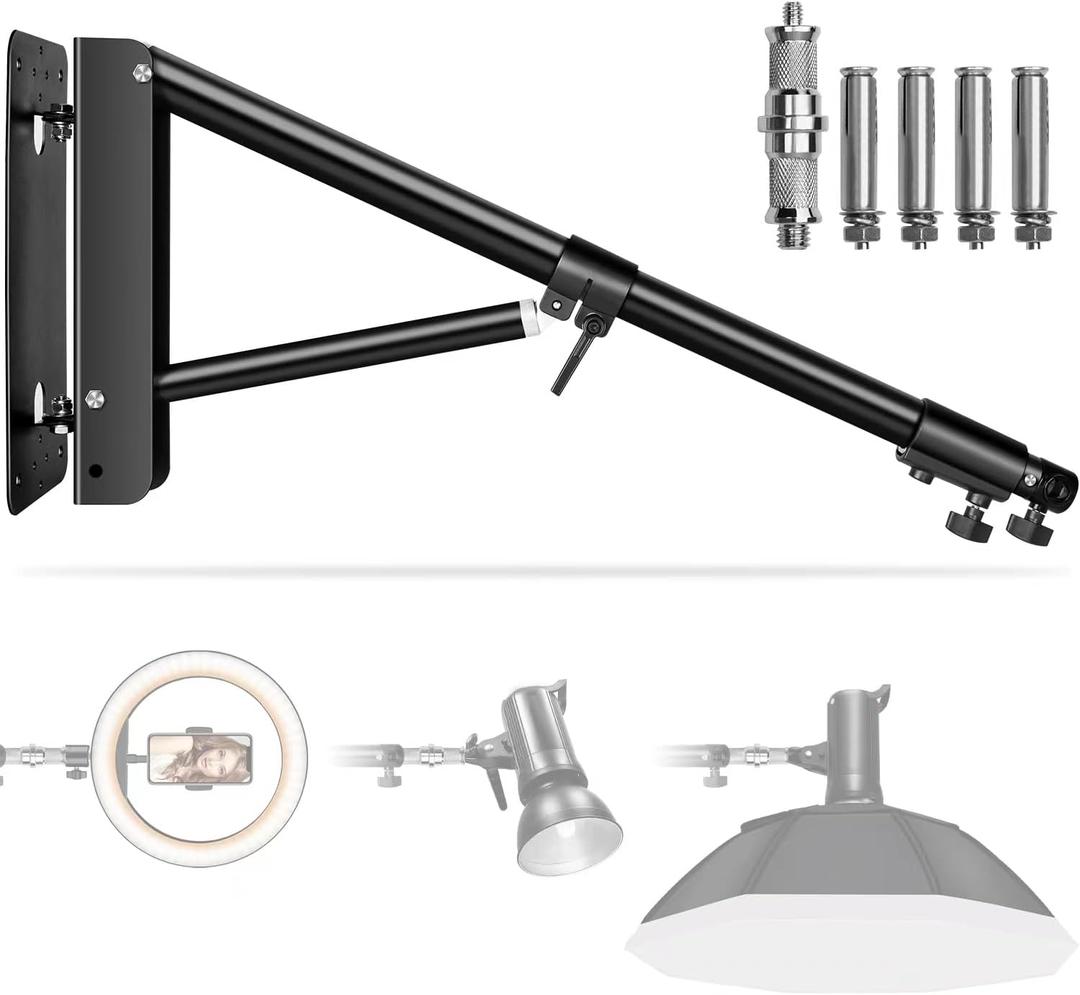 Wall Mounting Triangle Boom Arm for Ring Light: Max 51inch, 180 Flexible Rotation, Save Space, Adjustable Camera Mount Up to 4.26ft for Photography Light, Monolight, Softbox, Umbrella, Reflector etc.