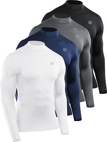 NELEUS 2 Pack Men's Workout Shirts Compression Dry Fit Long Sleeve Shirts,Mock Neck,5024,Black,Grey,Navy,White,US S