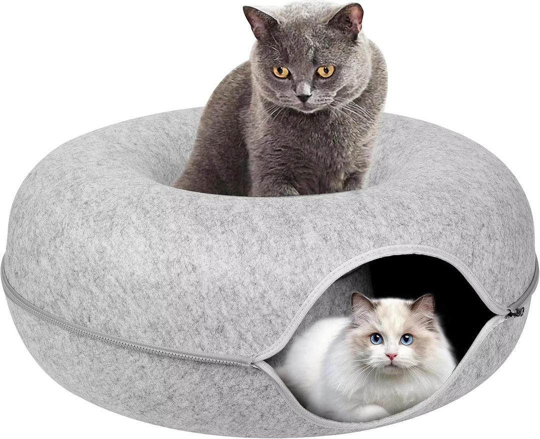 Light Gray Large Size Cat Tunnel Bed, Scratch-Resistant with Soft Detachable Felt Interior, Hand Washable 3-in-1 Self-Warming Cat Bed for Multiple Indoor Cats up to 30 lbs.