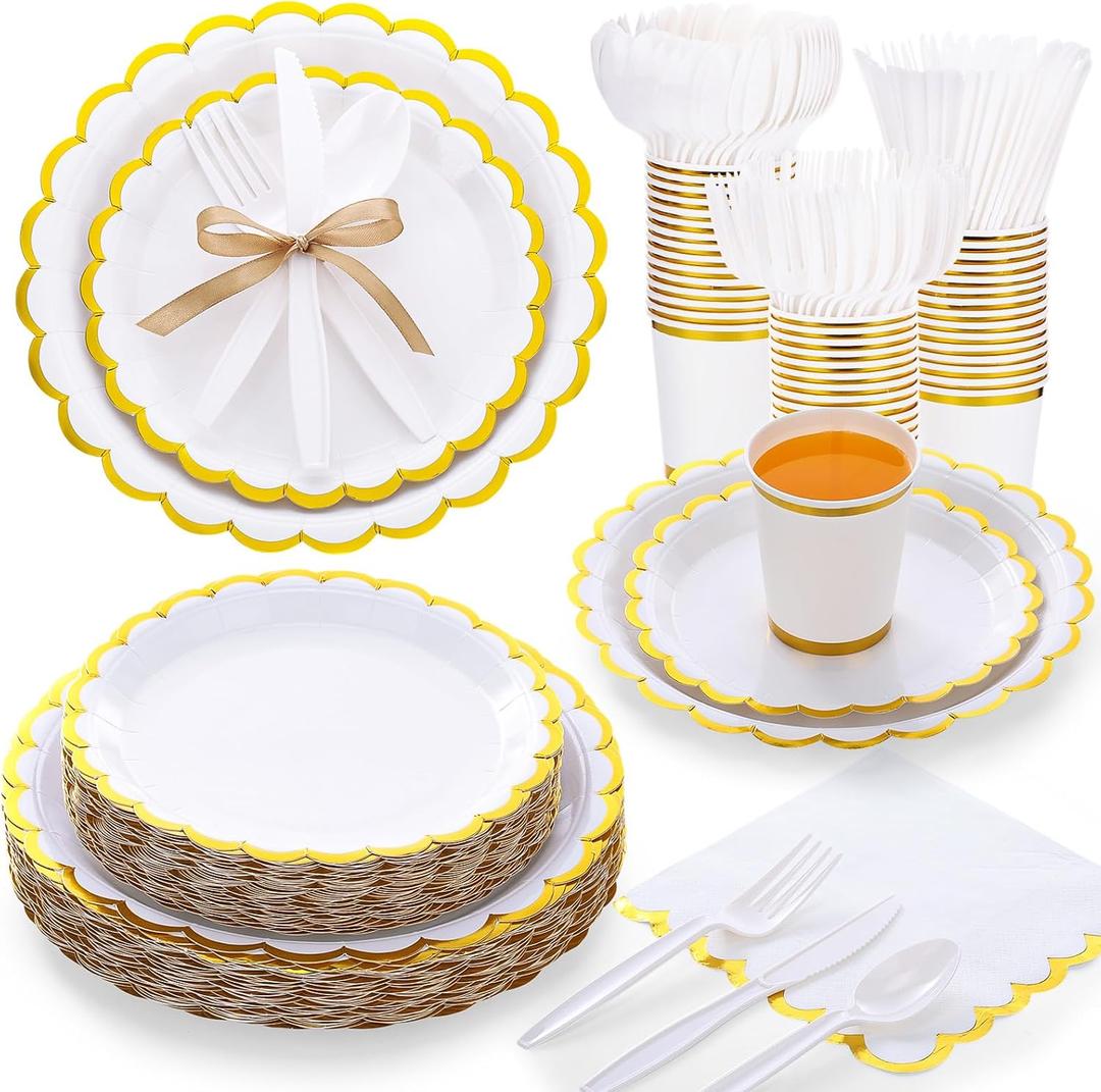 Ziliny 350 Pcs White and Gold Foil Scalloped Plate Napkin Cup for 50 Guest