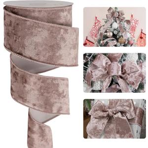 2 x HUIHUANG Dusty Rose Velvet Wired Ribbon 2-1/2", Dusty Pink and White Velvet Wire Ribbon for Christmas Tree, Bows, Wreaths, Gift Wrapping, Garland, Home Decor, Crafts-Continuous 10 Yards/Roll
