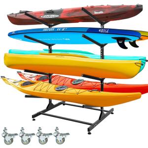 Heavy-Duty Kayak Storage Rack, Adjustable Kayak Rack for Indoor & Outdoor Use, Double Sides 4 Levels Storage Rack for Kayak, Canoe, Surfboard, Longboard, and Skateboards, Space-Saving Design