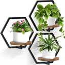 JOPBENG 3 Packs Wall Planters for Indoor Plants, 7.9inch Metal Plant Holder Hanger Wall Decor, Mounted Hanging Window Shelves Outdoor Rack (Black Wooden Base)