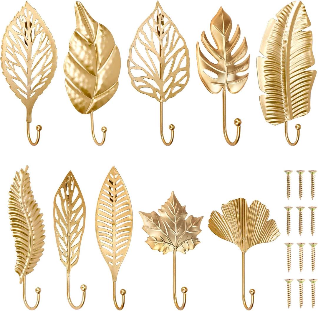 Decorative Wall Hooks Leaves Hooks 10PCS, Gold Hanging Hook Wall Mounted Metal Key Holder, Leaf Vintage Coat Towel Hanger Hat Scarf Hanging for Entryway Brass Home Decor