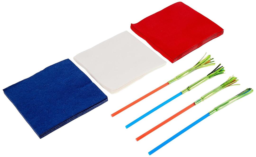 Perfect Stix are White and Blue cocktail napkins two ply-25 each. Includes 25 each red and blue palm flex straws