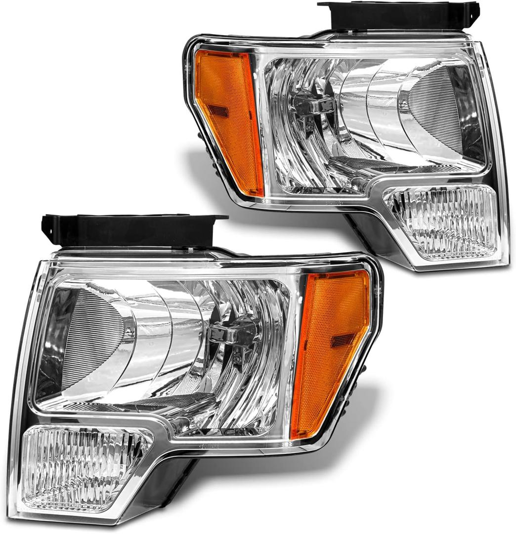 2009 2010 2011 2012 2013 2014 Ford F150 Pickup Headlight Assembly for 09-14 Ford F150 Clear Lens Chrome Housing with Amber Reflector Headlamp Replacement Left and Right Pair