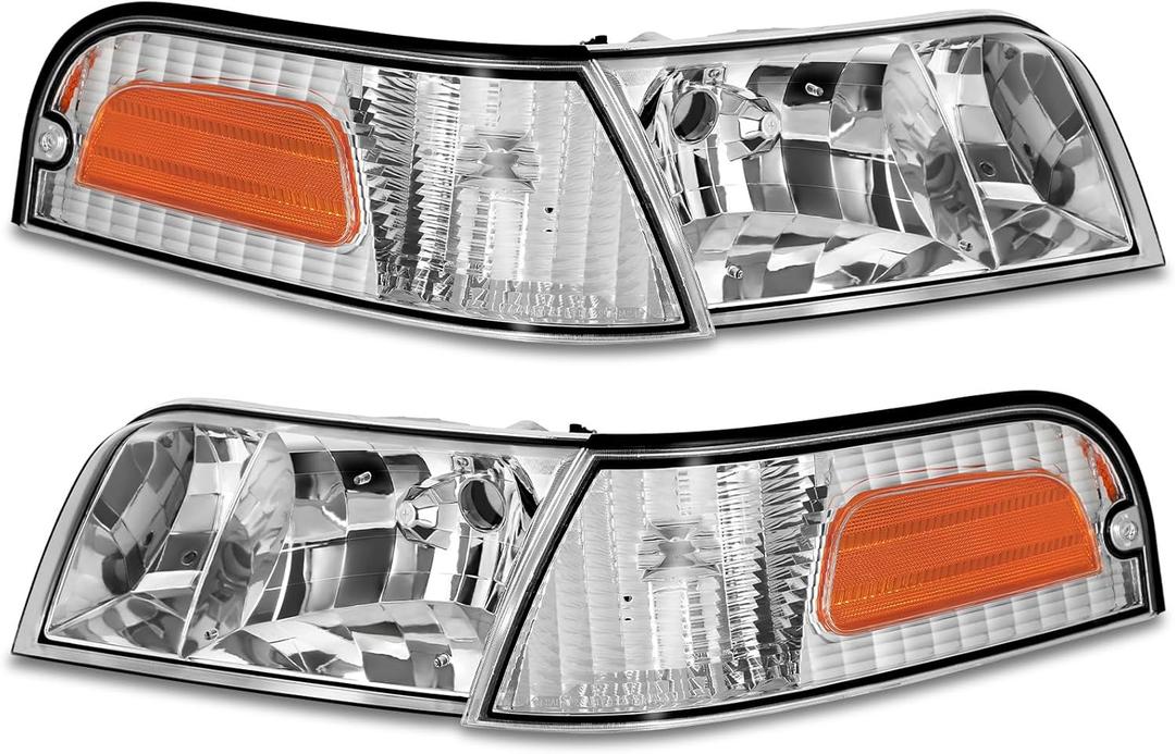 Headlights Assembly Fit For 1998-2011 Ford Crown Victoria w/Corner Headlamp 98-11 Crown Victoria Passenger and Driver Side (Chrome Housing Amber Reflector)