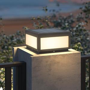 Solar Pillar Light Outdoor, Modern Post Light Dusk to Dawn IP54 Waterproof Solar Column Cap Lights LED 3000K Deck Lantern Lamp for Patio Garden Decoration with E26 Bulb(10"x10",Grey)
