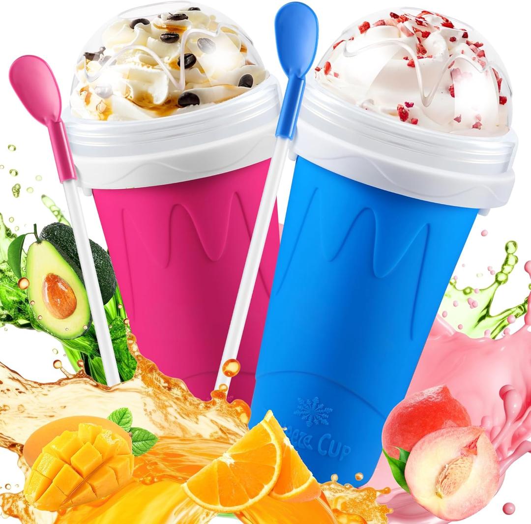 2 Pack Slushie Cup, Slushy Maker Cups, Magic Quick Frozen Squeeze Cups for Ice Cream Juice Milk Yogurt, DIY Smoothie Cooling Cup with Lid and Straw for Kids Friends Family (Blue and Pink)