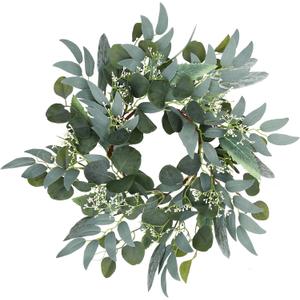 Artificial Green Eucalyptus Wreath,15 inches Greenery Wreath with Clusters of White Flowers Mini Spring/Summer Wreaths for Front Door Wall Window Decor (Multicolor-1)