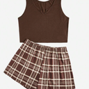 SOLY HUX Women's Pajama Sets 2 Piece Lounge Sets Button Tank Top and Plaid Shorts Sleepwear Brown Plaid Large