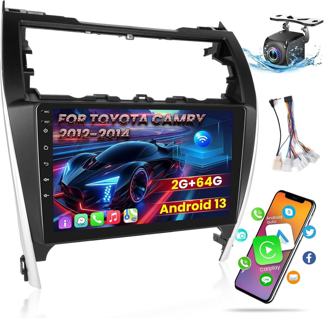 [2+64G] Android 13 Car Radio for Toyota Camry 2012 2013 2014 with Carplay and Android Auto, 10.1 inch Touch Screen Camry Stereo with AHD Backup Camera, HiFi Audio/Bluetooth/WiFi Hotspot/SWC/GPS