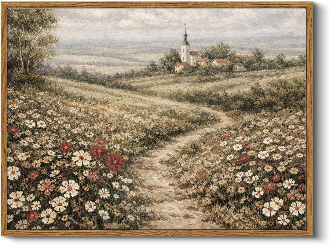 HUARCEY Vintage Framed Cottagecore Wildflower Wall Art 12x16, Farmhouse Countryside Landscape Canvas, Meadow Path Rustic Print,Paintings Wall Decor for Living Room Bedroom Hallway