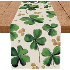 St Patricks Day Table Runner Four Leaf Clover Gold St. Patrick's Day Runners Table Decorations Holiday Spring Kitchen Dining Home Party Supply 13x72 Inch