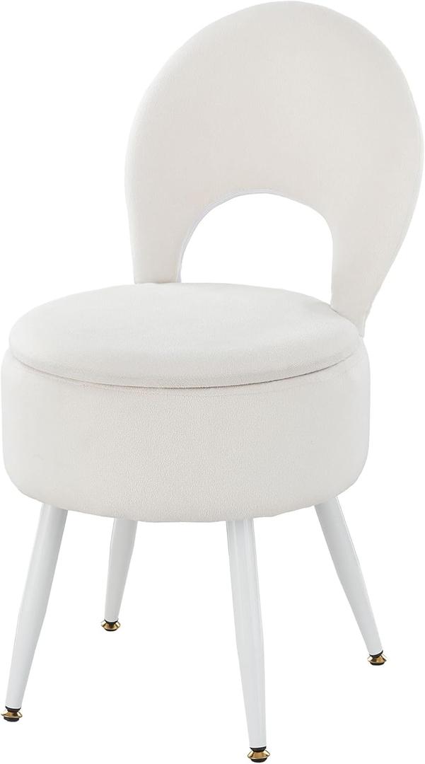 Vanity Stool with Storage and Backrest, Folding Back & Velvet Seat, Footrest, Round Ottoman with Sherpa, Vanity Chair with Storage, Ideal for Bedroom, Living Room, and Makeup Stations