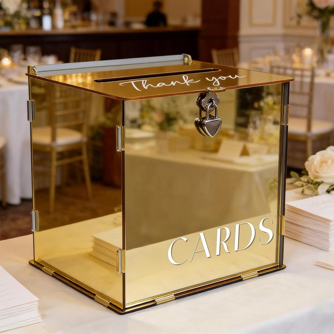 Metallic Gold Mirror Acrylic Wedding Card Box with Slot & Lock, Classy Wedding Card Boxes for Reception, Large Money Gift Cards Box for Party Engagement Birthday Graduation Table Decor