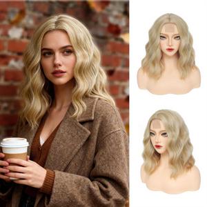 GUOJIAN Mixed Blonde Bob Wig 14 Inch Short Wavy Curly Shoulder Length Wig for Women Middle Part Natural Looking Heat Resistant Synthetic Wigs for Daily Party Use