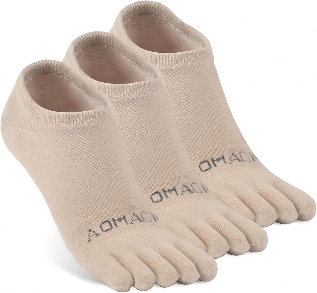 aomagic No Show Toe Socks for Men & Women, Athletic Running Coolmax 5-Finger Socks Ankle Low Cut, Soft Comfortable Moisture-Wicking, Beige - Small