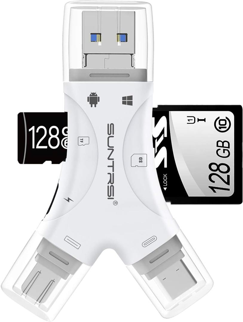 SD Card Reader for iPhone/ipad/Android/Mac/Computer/Camera,4 in1 Micro SD Card Reader Trail Camera Viewer, Portable Memory Card Reader SD Card Adapter for SD and TF Cards(White)