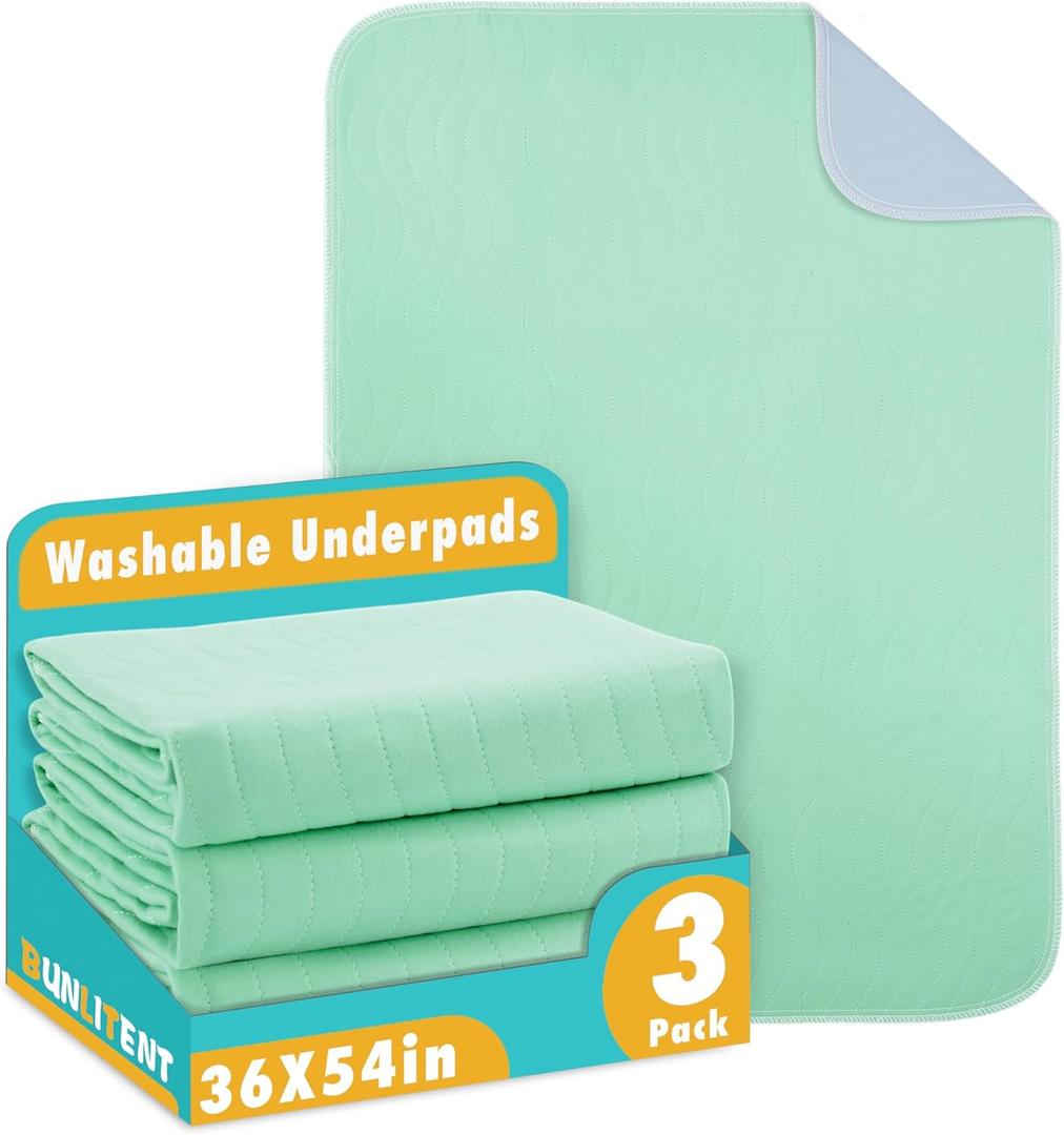 Washable Underpads, 36" x 54", 3 Pack - Heavy Absorbency Reusable Bedwetting Incontinence Pads for Kids, Adults, Elderly, and Pets - Waterproof Protective Pad for Bed, Couch, Sofa, Floor