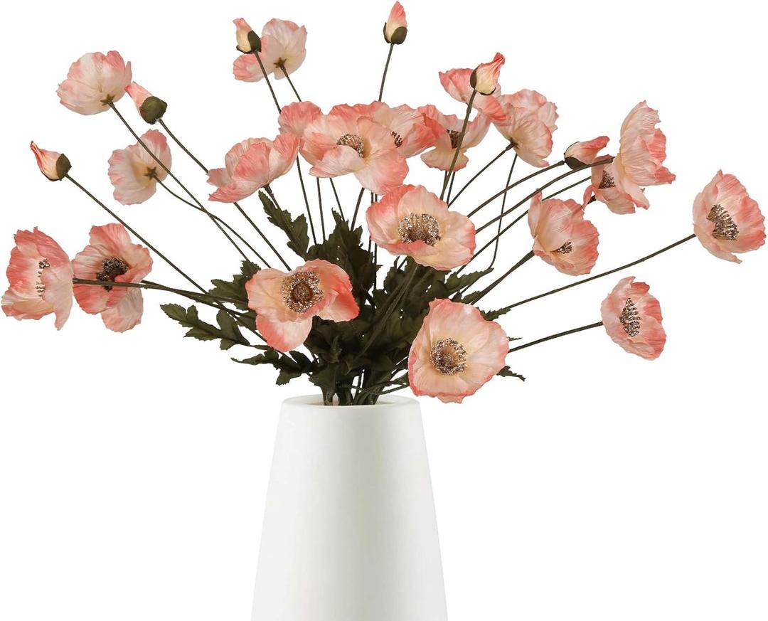 IPOPU Fake Poppies Coral Pink Silk Flowers 6pcs Artificial Poppies Realistic Faux Flowers for Wedding Centerpieces for Tables Bridal Shower Party Decorations (Coral Pink)