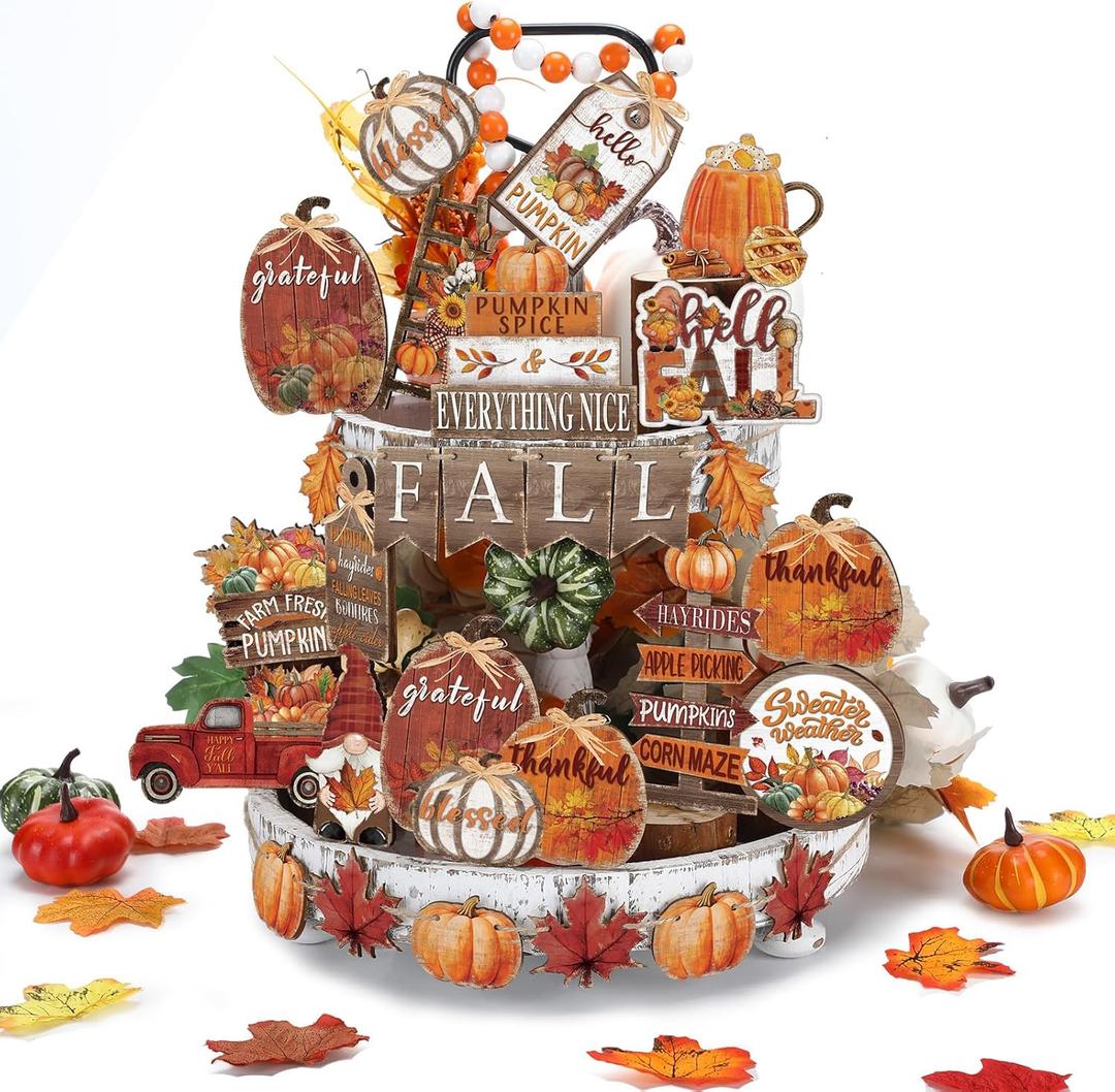 BBTO Set of 15 Thanksgiving Fall Tiered Tray Decor Pumpkins Farmhouse Decor Autumn Maple Leaf Table Centerpieces Harvest Wood Blocks Signs for Home(Pumpkin Style)