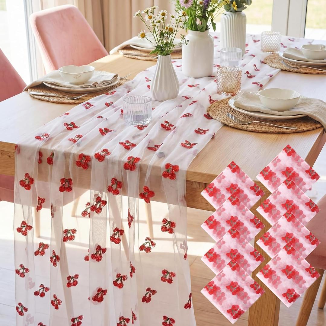 Moukeren 8 Pcs Tulle Table Runner 30 x 120 Inch Tulle Lace Cloth Rectangle Fruit Table Cover for Summer Birthday Baby Shower Wedding Party Home Kitchen Decor(Cherry), 29.5 x 118 inches