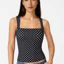 QINSEN Women's Double Layer Tank Tops Square Neck Sleeveless Basic Tight T Shirts, Black Polka Dots (S)