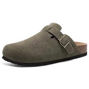 Genuine Suede Clogs for Women Men Soft Cork Footbed Leather Mules, Army Green 38