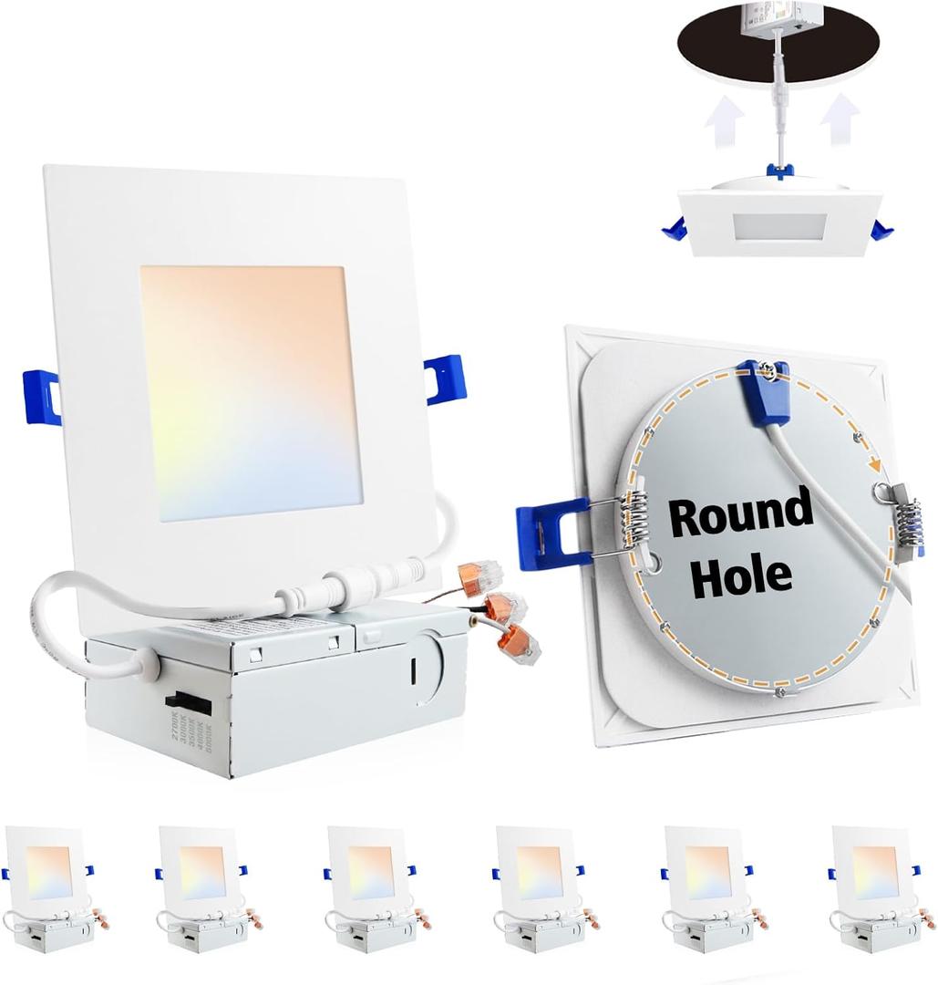 Adetu 6 Pack 6 inch Square Led Recessed Lighting,5CCT Ultra Thin Square Led Ceiling Light with Junction Box,14W 1190LM,CRI90,2700K-5000K Selectable,Dimmable Canless Downlight,ETL and Energy Star