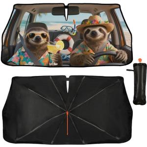 Funny Sloth Car Windshield Sun Shade Umbrella Bendable Handle Foldable Animal Print Sloth Sunshade for Car Windshield Block UV Rays Keep Vehicle Cool for Most Sedans SUV Trucks Cars 57"x30"