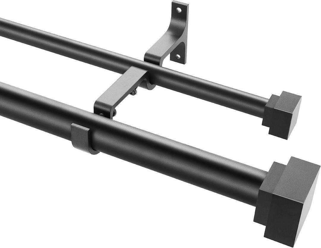 1 Inch Modern Double Window Curtain Rods,72-144 Inch Adjustable Telescoping Heavy Duty Stylish Drapery Rods Decorative Solid Square Allufer Finials for Dual Curtain Rod Window Treatment,Matte Black