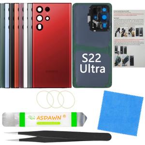 Galaxy S22 Ultra Cover Glass Replacement w/Installation Manual +Pre-Installed Camera Lens +All The Adhesive +Repair Tool Kit for Samsung Galaxy S22 Ultra 5G SM-S908 All Carriers (Deep Red)