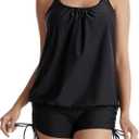 Tankini Bathing Suits for Women Two Piece Swimsuit Modest Swimwear with Shorts High Waisted Drawstring Swimming Suit (XX-Large, Solid Black)