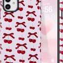 DEFBSC Case for iPhone 11, Cute Pink Bow Cherry Print Aesthetic Trendy Pattern for Women Girls Slim Durable Bumper Shockproof for iPhone 11 Case, Cartoon/Glossy