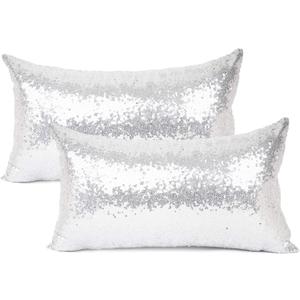 Pack of 2,YOUR SMILE New Luxury Series Silver Decorative Glitzy Sequin & Comfy Satin Solid Throw Pillow Cover Cushion Case for Wedding/Christmas, 12" x 20"
