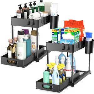 2 Pack Under Sink Organizer with Pull-Out Drawer, 2-Tier Cabinet Storage for Kitchen & Bathroom, Tool-Free Assembly, Fits Cleaning Supplies & Toiletries, Space Saving for Small Cabinets, Black