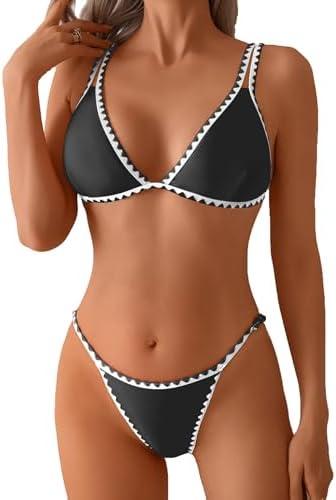 SherryDC Womens Sexy Color Block Bikini Sets High Cut Thong Two Piece Swimsuit Self-tie Bathing Suit, Size Large