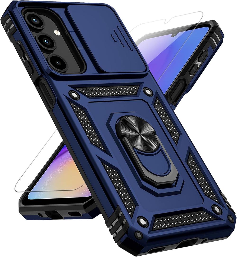 Samsung Galaxy A16 5G Case with Slide Camera Cover HD Screen Protector [Military Grade 16ft. Drop Tested] Magnetic Ring Holder Kickstand Protective Phone Case for Galaxy A16 5G 2025, Navy Blue