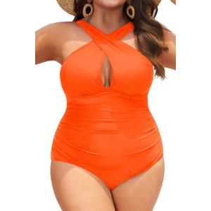 Daci Womens Front Cross Plus Size One Piece Swimsuits Tummy Control Keyhole Bathing Suits Swimwear (X-Large, Orange)