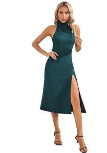 ALENDA DANMOS Women's Sleeveless Bodycon Halter High Neck Midi Dress Thigh High Slit Cocktail Party Dress 193(X-Small,Peacock Green)