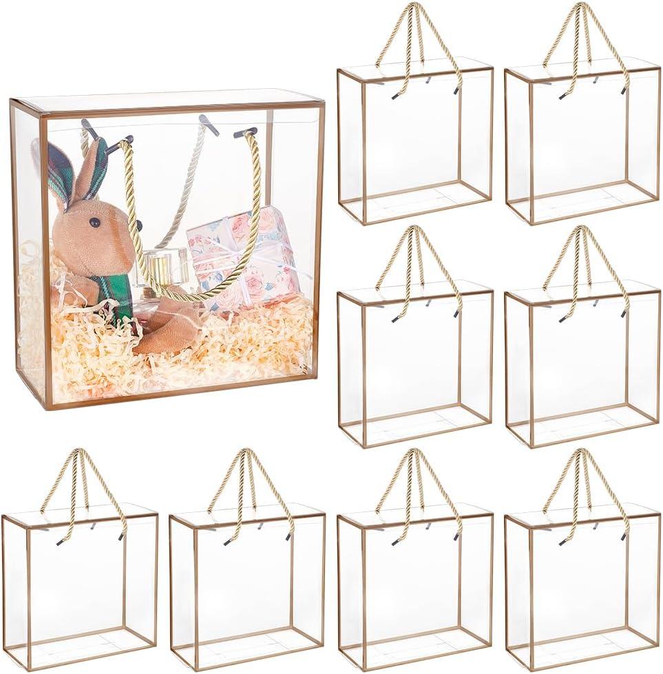 BENECREAT 10 Packs Clear PET Plastic Gift Box, 7.8x7.8x3.5 Inch Treat Gift Boxes with Gold Border and Handle, Favor Box with Cord for Mother's Day, Birthday Party, Wedding Favours