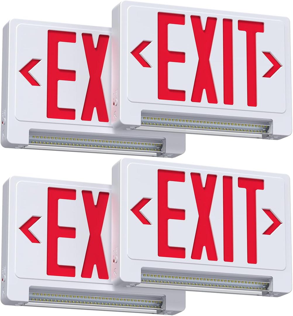 Exit Sign with Adjustable LED Pipe, Exit Signs with Emergency Lights Bar Combo, Compact Hardwired Exit Sign with Battery Backup，Red Led Emergency Exit Light for Business , 120V/277VAC,UL Listed,Top/Side/Wall Mount (4 Pack)