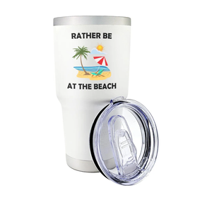 Palm City Products Premium 30 oz Rather Be at the Beach White Tumbler with Slider Lid - Perfect Summer Design - Ideal Gift and Souvenir for Beach Enthusiasts