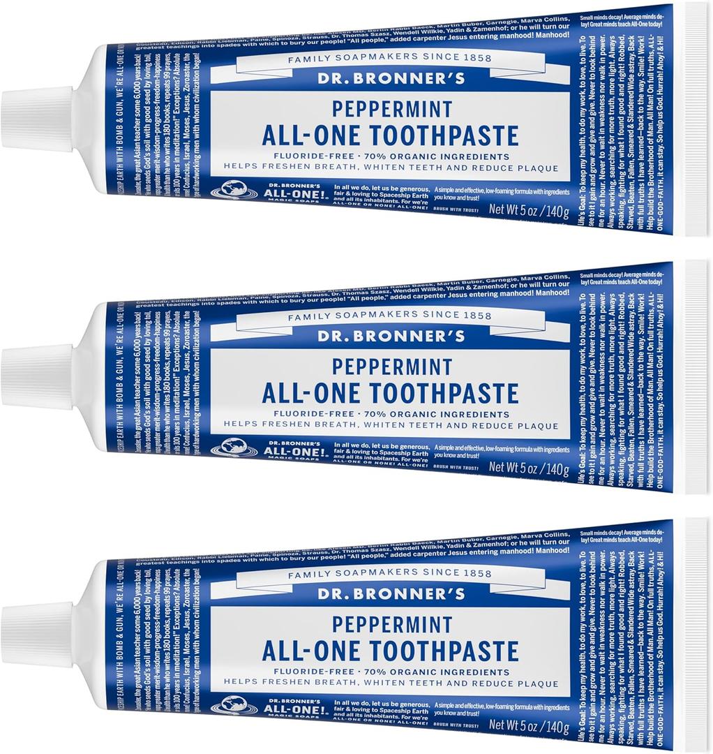 Dr. Bronners All-One Toothpaste Pack of 3 Peppermint, 5 oz Fluoride-Free Toothpaste for Adults, SLS-Free, 70% Organic & Natural Ingredients, Vegan, Helps Freshen Breath & Reduce Plaque